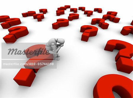 3D render of a sad mannequin sitting in a sea of red ? question marks.