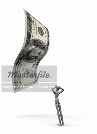 3D render of dumbfounded mannequin standing by a 100 dollar bill. 3D illustration isolated on white background.