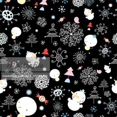 seamless pattern of snowflakes and snowmen on a black background