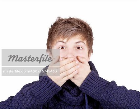 Teenager in a purple sweater shut his mouth with his hands