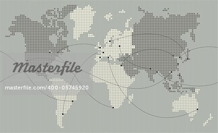 World map made out of small squares. Main cities are marked and connected with lines