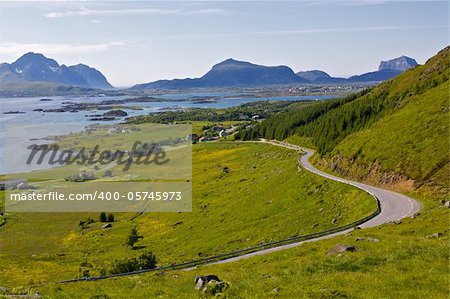 Lush green scenery on Lofoten islands, Norway