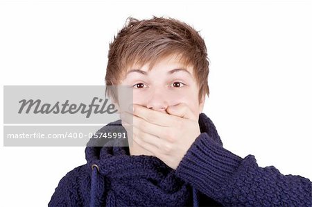 Teenager in a purple sweater shut his mouth with one hand