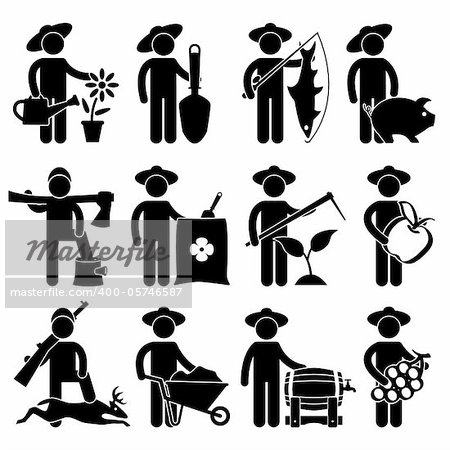 A set of village job that includes farmer, hunters and fermentator in pictogram.