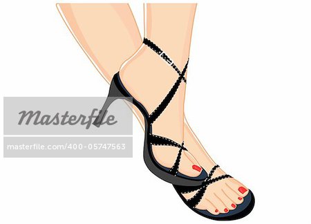 Vector illustration of  female feet in black sandals