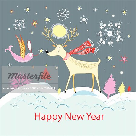 Christmas card with a funny deer and bird against a background of snow and snowflakes