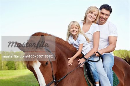 Attractive family on a brown horse