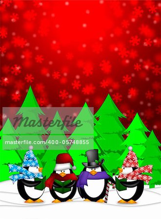 Penguins Carolers Singing Christmas Songs with Snowing Winter Scene Illustration on Red Background