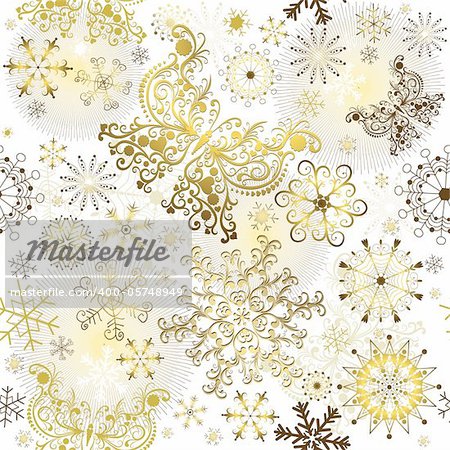 Seamless white christmas pattern with golden snowflakes and butterflies (vector)