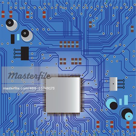 Electronic circuit board vector with chip, technology, microchip background