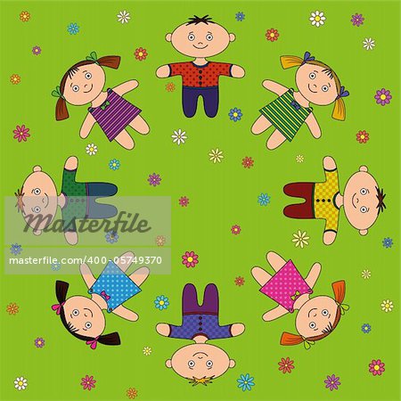 Children boys and girls resting, lying on flower green meadow. Vector