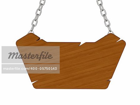 Crashed wooden signboard with chain isolated on white background
