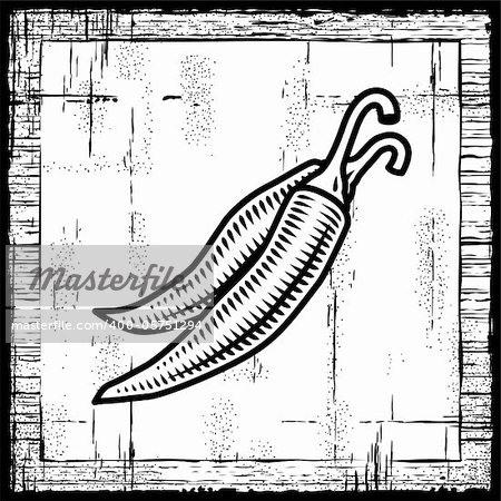 Retro chili peppers on wooden background. Black and white vector illustration in woodcut style.