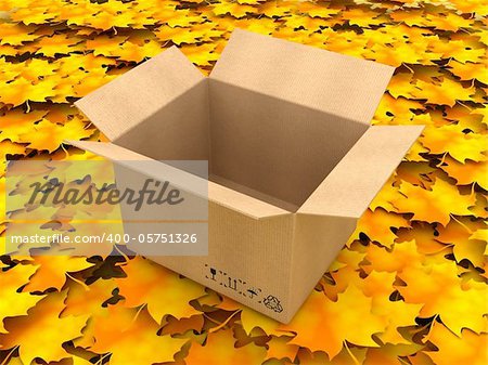 3D Illustration Opened cardboard box on Orange Leaves