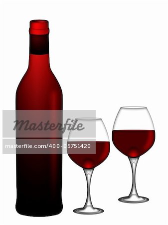 Bottle of Red Wine with Two Wine Glasses Isolated on White Background Illustration