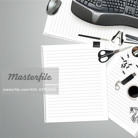 Office table with stationery accessories, keyboard and empty paper for your text