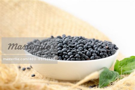 Bowl of black lentils  on white background