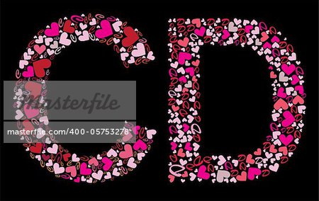 Letter C, D. Valentine alphabet set with heart. Vector font.