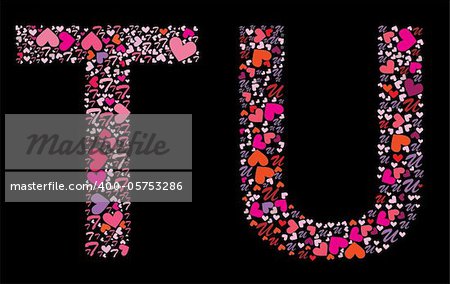Letter T, U. Valentine alphabet set with heart. Vector font.