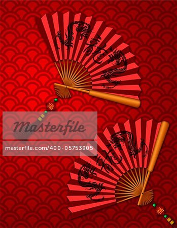 Chinese Fans with Dragon Text Calligraphy and Prosperity Word on Tag on Red Scales Background Illustration
