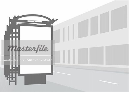 Advertising billboard at city bus stop. Black and white illustration.