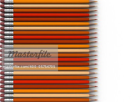 A line of orange pencils on a white back ground with a slight shadow