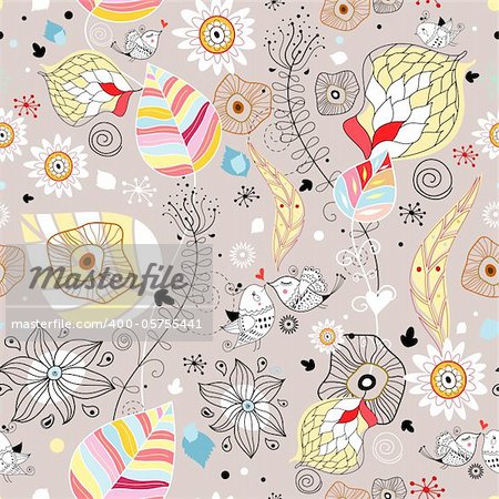 Seamless floral pattern on a pale background with birds