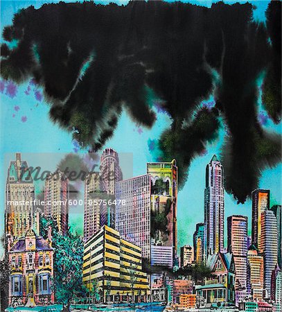 Illustration conceptuelle d'un ciel menaçant sur le paysage urbain Illustration conceptuelle d'un ciel menaçant sur le paysage urbain