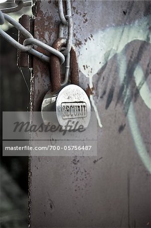 Close-Up of Security Lock on Door of Abandoned Building, Liverpool, Merseyside, England