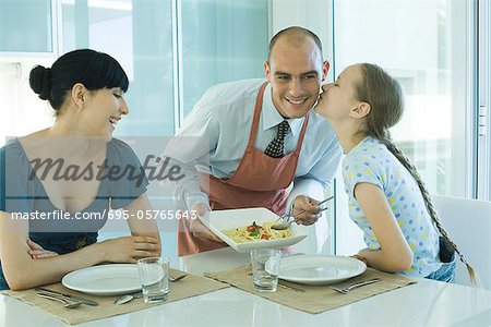 Man serving wife and daughter spaghetti, girl kissing father on cheek