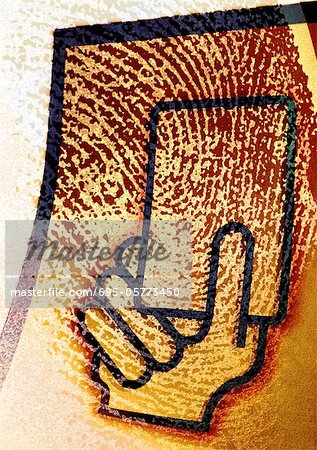 Extreme close-up of fingerprint, with hand holding card symbol, montage