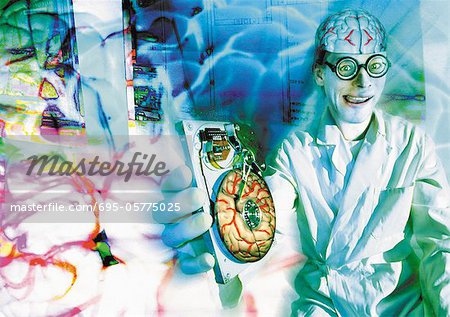 Médecin dans le cyberespace, cerveau exposé, composite numérique.