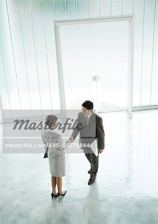 Homme d'affaires et femme d'affaires, serrant la main dans le Hall