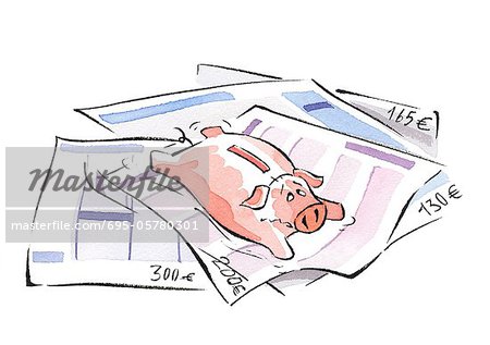 Piggy bank lying on euro invoices