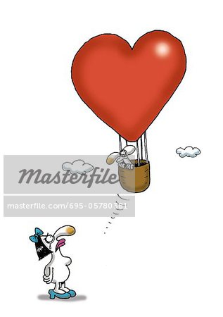 Woman looking up at man in heart-shaped hot air balloon