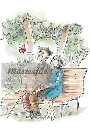 Elderly couple sitting on bench watching butterfly