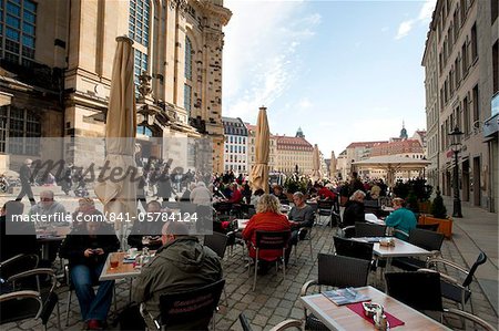 Street cafes in front of Frauenkirche, Dresden, Saxony, Germany, Europe