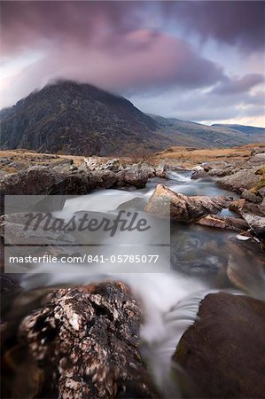 Rocky river in Cwm Idwal leading to Pen yr Ole Wen Mountain at sunset, Snowdonia National Park, Conwy, North Wales, Wales, United Kingdom, Europe