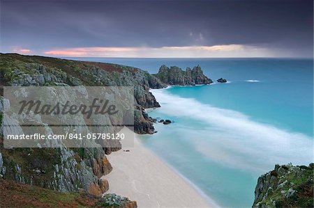 Pednvounder Beach and Logan Rock from Treen Cliff, Porthcurno, Cornwall, England, United Kingdom, Europe