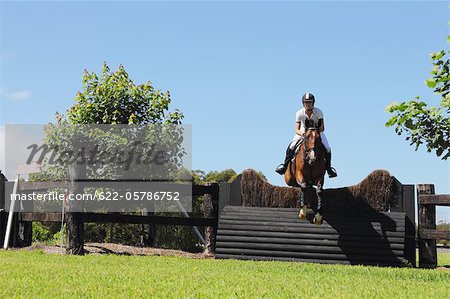 Young Woman Horseback Rider Jumping Hurdle