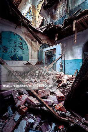 Debris and decayed interior of Sanatorium Teupitz, Brandenburg, Germany