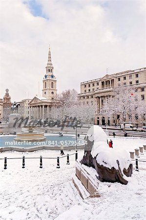 Trafalgar Square in winter snow, London, England, United Kingdom, Europe