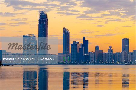 City skyline at dawn, Abu Dhabi, United Arab Emirates, Middle East