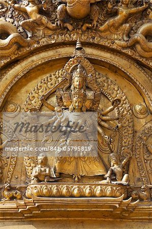 Patron goddess, Taleju, detail of Golden Gate, Sun Dhoka, the Royal Palace (Lu Dhawka), Durbar Square, Bhaktapur, UNESCO World Heritage Site, Kathmandu Valley, Nepal, Asia