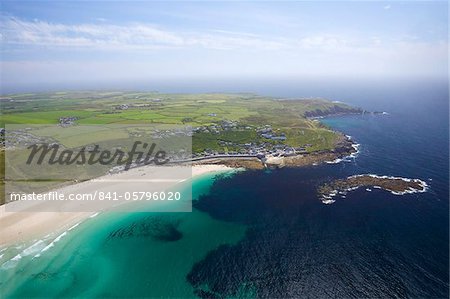 Aerial photo of Sennen Cove and Lands End Peninsula, West Penwith, Cornwall, England, United Kingdom, Europe
