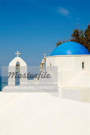 White chapel with blue dome, Hora, Mykonos, Cyclades, Greek Islands, Greece, Europe