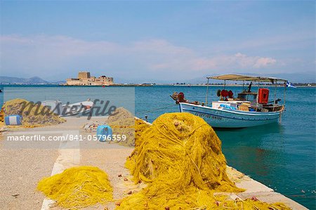 Fishing boat in harbour, Nafplion, Peloponnese, Greece, Europe