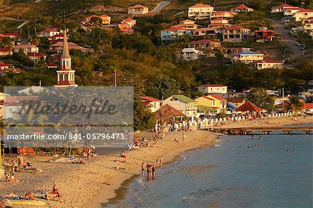 Beach and church, Grande Anse, Les Anses d'Arlet, Martinique, Windward Islands, French Overseas Department, West Indies, Caribbean, Central America