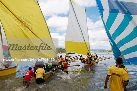 Gommier (traditional boat) race, Les Trois-Ilets, Martinique, French West Indies, Caribbean, Central America