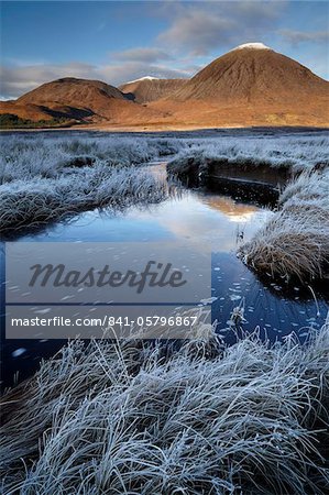 A beautiful frosty morning in Strath Suardal showing the snow topped mountain Beinn na Caillich, Isle of Skye, Scotland, United Kingdom, Europe